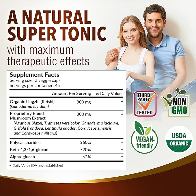 LABO Nutrition Bioactive Organic Lingzhi Reishi Ultra 7 Mushroom Extract Supplement Reishi Cordyceps Maitake Turkey Tail Agaricus blazei Murill Shiitake for Immune Support, Vitality, USDA Organic