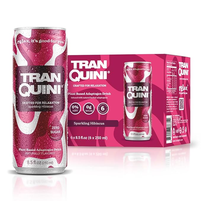 Tranquini Calming Drink With Herbal Adaptogens | Sparkling Water Stress Relief Beverage | Sugar Free, Non Alcoholic, Soda Replacement, Gluten Free, Vegan - 250ml Hibiscus (6 cans)