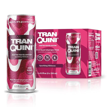 Tranquini Calming Drink With Herbal Adaptogens | Sparkling Water Stress Relief Beverage | Sugar Free, Non Alcoholic, Soda Replacement, Gluten Free, Vegan - 250ml Hibiscus (6 cans)