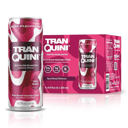 Tranquini Calming Drink With Herbal Adaptogens | Sparkling Water Stress Relief Beverage | Sugar Free, Non Alcoholic, Soda Replacement, Gluten Free, Vegan - 250ml Hibiscus (6 cans)