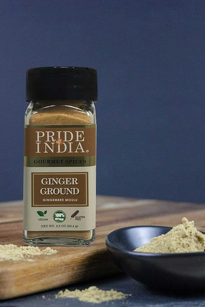 Pride of India – Ginger Fine Ground – Gourmet Spice – Blends Well – Good for Cooking/Baking/Tea & More – No Additives – Fresh Root Powder – Easy to Use – 2.2 oz. Small Dual Sifter Bottle