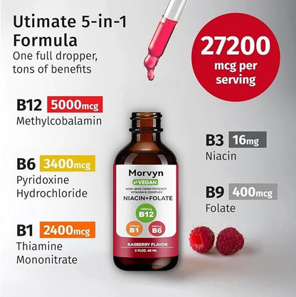 Morvyn Essential Vitamin Liquid Drops | 5-in-1 Vitamin B Complex Liquid Drops | B12 B6 B1-60ml (1pc)