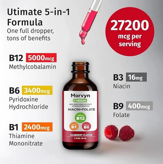 Morvyn Essential Vitamin Liquid Drops | 5-in-1 Vitamin B Complex Liquid Drops | B12 B6 B1-60ml (1pc)