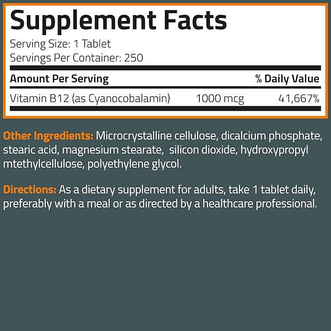 Bronson Vitamin B12 1000mcg Once Daily Formula Non-GMO, 250 Vegetarian Tables