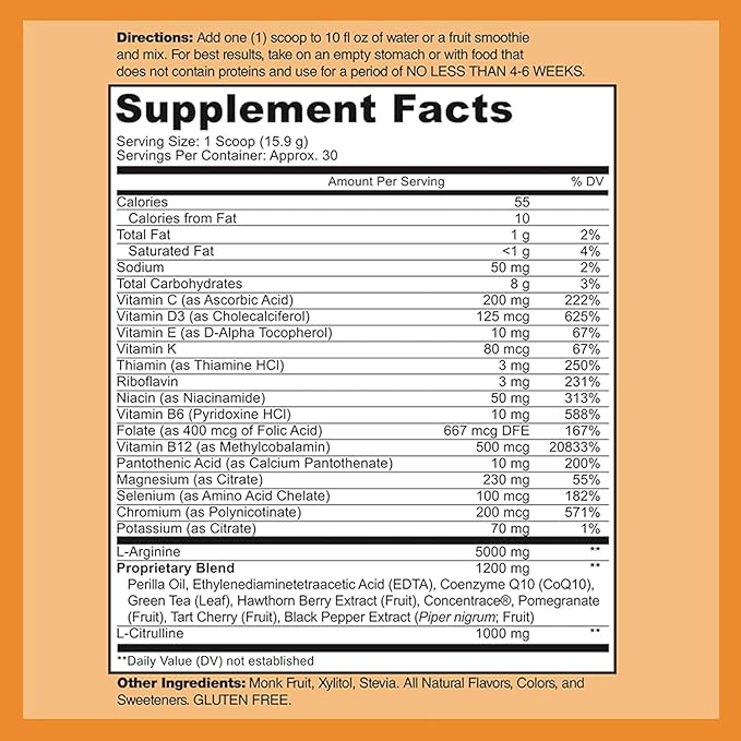 Cardio Heart Health Powder – L-Arginine Supplement 5000mg & L-Citrulline 1000mg,16.82 oz