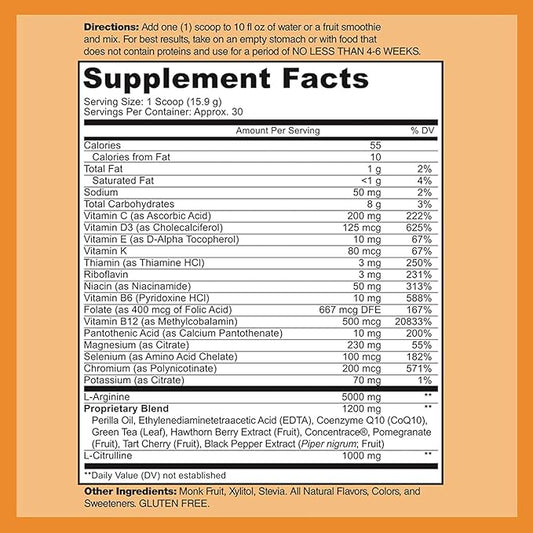 Cardio Heart Health Powder – L-Arginine Supplement 5000mg & L-Citrulline 1000mg,16.82 oz