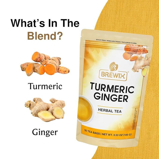 BREWIX, Turmeric Ginger Herbal Tea Bags (50 Pyramid Tea Bags) Immune Support | Naturally Caffeine Free, Gluten Free | Ayurvedic | Real Ingredients From India
