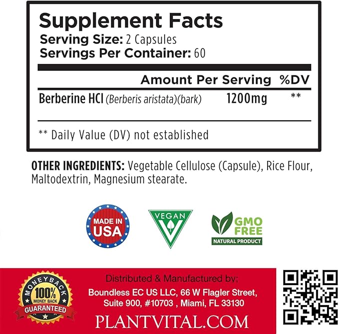 PlantVital Berberine 1200mg (2 caps) Non-GMO Supplement for Immunity Support and Normal Cardiovascular Health - 120 Count, Vegan, and Made in the USA
