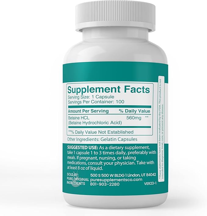 PURE ORIGINAL INGREDIENTS Betaine HCL, (100 Capsules) Always Pure, No Additives Or Fillers, Lab Verified