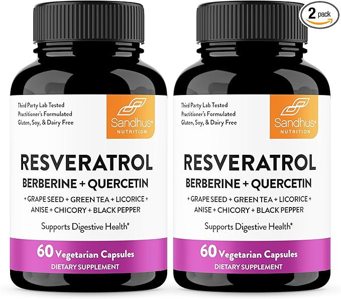 Sandhu's Resveratrol with Berberine for Gut Health | Digestive Supplement for Women & Men | Green Tea, Star Anise, DGL, Grape Seed Extract & Quercetin | Eases Bloating | 60 Capsules (Pack of 2)