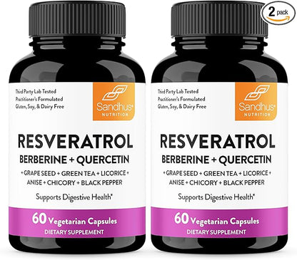 Sandhu's Resveratrol with Berberine for Gut Health | Digestive Supplement for Women & Men | Green Tea, Star Anise, DGL, Grape Seed Extract & Quercetin | Eases Bloating | 60 Capsules (Pack of 2)