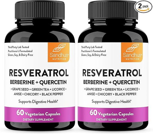Sandhu's Resveratrol with Berberine for Gut Health | Digestive Supplement for Women & Men | Green Tea, Star Anise, DGL, Grape Seed Extract & Quercetin | Eases Bloating | 60 Capsules (Pack of 2)