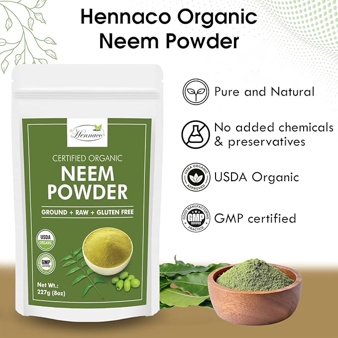Organic Neem Powder| Ayurvedic Herb for Skin and Hair | Resealable Zip Lock Pouch | USDA Organic| Pure & Natural Neem Powder for Drinking| Dried Neem Leaves Powder| 227 Grams (8 OZ)