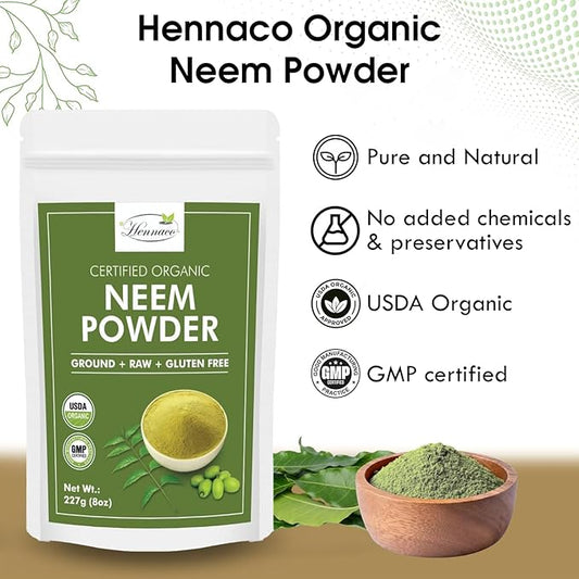 Organic Neem Powder| Ayurvedic Herb for Skin and Hair | Resealable Zip Lock Pouch | USDA Organic| Pure & Natural Neem Powder for Drinking| Dried Neem Leaves Powder| 227 Grams (8 OZ)