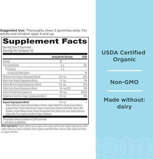 Ancient Nutrition Supergreens Gummy, Organic Superfood Gummy Made from Real Fruits, Vegetables and Herbs, for Digestive and Energy Support, 100 Count, Strawberry Watermelon