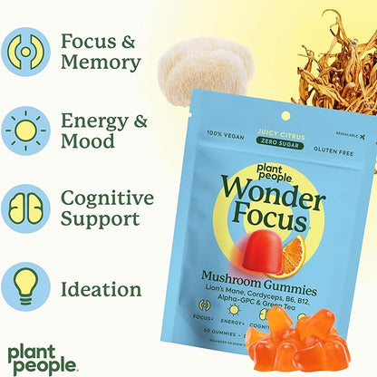 Plant People WonderFocus Mushroom Gummies with Lion’s Mane & Cordyceps - Nootropic Brain Supplement Boosts Memory, Focus, Energy & Mood in Adults | No Sugar, 100% Vegan, Citrus Flavor, 60 Count
