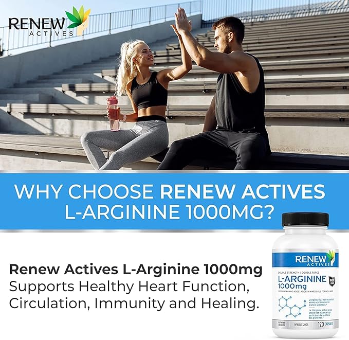Renew Actives L-Arginine Supplement 1000MG for Serving - Strength & Endurance, Essential for Protein Synthesis & Muscle Function, Physical Performance Booster - Made in Canada - 120 Tablets