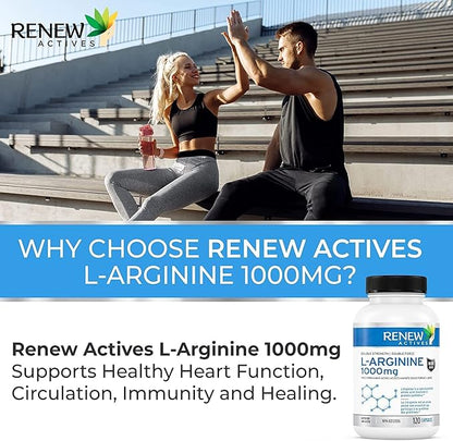 Renew Actives L-Arginine Supplement 1000MG for Serving - Strength & Endurance, Essential for Protein Synthesis & Muscle Function, Physical Performance Booster - Made in Canada - 120 Tablets