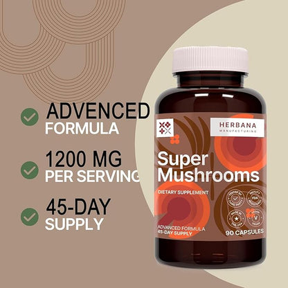 Super Mushrooms 8-in1 Capsules - Brain Booster & Immune Support Drops - Reishi, Lion`s Mane, Cordyceps, Chaga, Mitake, Turkey Tails, Shiitake, Agaricus - High Potency Extract 90 Capsules