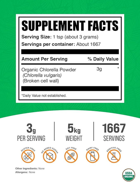BulkSupplements.com Organic Chlorella Powder - Broken Cell Wall, Green Superfood Powder, Chlorella Supplement - Gluten Free, 3g per Serving, 5kg (11 lbs) (Pack of 5)