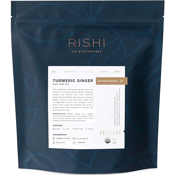 Rishi Tea Turmeric Ginger Herbal Tea - Organic Loose Leaf, Caffeine Free Ayurvedic Digestive Blend with Spicy Ginger & Citrus - 16 Ounces, 55+ Servings