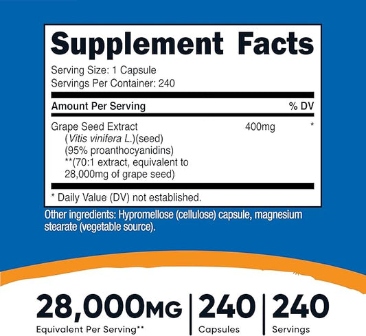 Nutricost Grape Seed Extract 28,000mg, 240 Capsule - Non-GMO, Gluten Free, Vegetarian Friendly