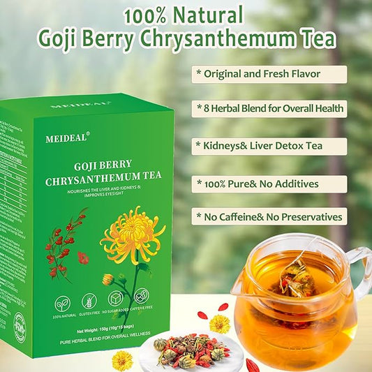 Goji Berry Chrysanthemum Tea for Liver Health, 8 Excellent Natural Herbal Formulas, Dandelion Wolfberry Tea Bags for Liver Detox, Vegan, No Sugar, No Caffeine (1 Box (15 bags*10g)