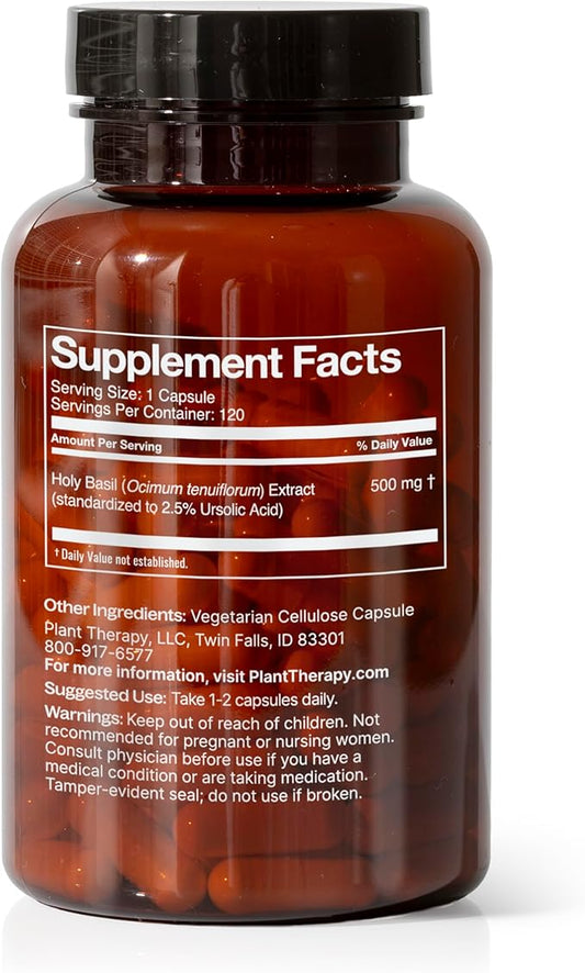 Plant Therapy Holy Basil Capsules Manufactured in USA 4 Month Supply Supports Emotional Stability, Positive Mood, Combats Fatigue & Mental Tension Supplements for Women & Men 120 Vegetarian Capsule