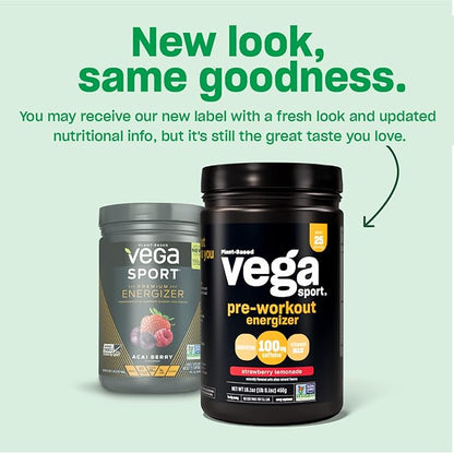 Vega Sport Energizer, Acai Berry, Pre Workout Powder for Women and Men, Supports Energy and Focus, Electrolytes, Vegan, Keto, Gluten Free, Dairy Free, Non GMO (25 Servings) , 1.01 Pound (Pack of 1)