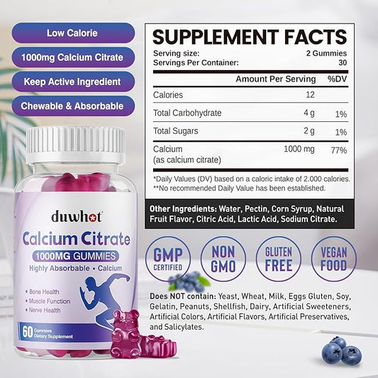 Calcium Citrate Gummies, Chewable Calcium Citrate 1000mg for Bone, Muscle & Immune Support, Ultimate Absorption Calcium Supplements for Women & Men, Blueberry,120 Chews