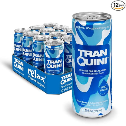 Tranquini Calming Drink With Herbal Adaptogens | Sparkling Water Stress Relief Beverage | Sugar Free, Non Alcoholic, Gluten Free, Vegan - 250ml Mixed Berry (12 cans)