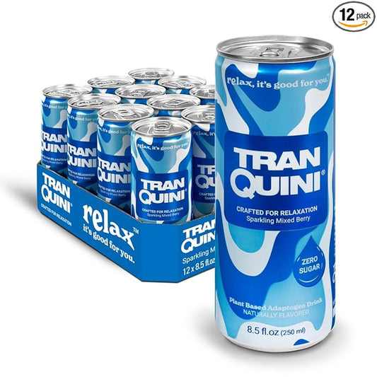 Tranquini Calming Drink With Herbal Adaptogens | Sparkling Water Stress Relief Beverage | Sugar Free, Non Alcoholic, Gluten Free, Vegan - 250ml Mixed Berry (12 cans)