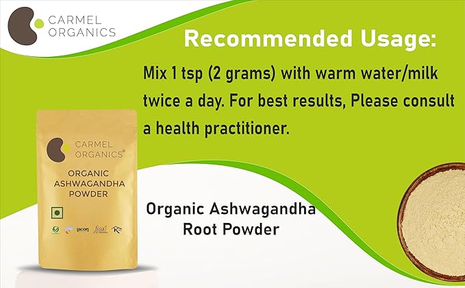 CARMEL ORGANICS Organic Ashwagandha Root Powder (8 Oz or 227g/0.5 Lbs) USDA Certified. Lab Tested, Non GMO & Gluten Free | Withania Somnifera from India