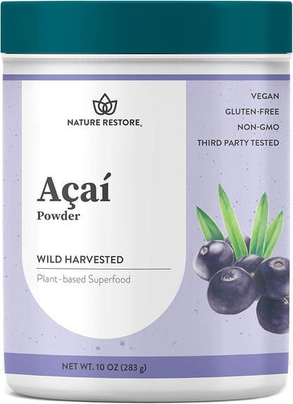 Nature Restore Wild Harvested Acai Berry Powder, 10 Ounces, Non GMO, Gluten Free, Brazilian Wild Grown