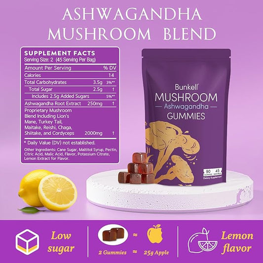 Ashwagandha Mushroom Gummies, Adaptogenic 7 Mushrooms Mix w/ashwagandha - Lion's Mane, Reishi, Chaga & Maitake - Ashwagandha Gummies for Energy, Cognitive & Immune Support, 90 Count