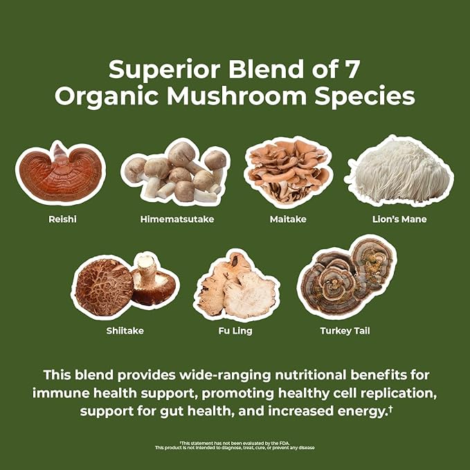 Nature's Lab Mushroom 7 Organic Blend - Benefits The Immune System, Cell Function and Endurance - 90 Capsules (45 Servings)