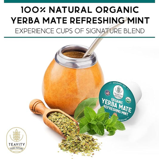 Organic Yerba Mate Refreshing Mint Tea Pods - Naturally Caffeinated Yerba Mate Tea Pod for Keurig Brewers by Teavity (12 Tea Pods)