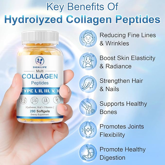 Multi Collagen Peptides for Women & Men, Hydrolyzed Collagen Peptides-Type I, II, III, V, X - with Hyaluronic Acid,Vitamin C,Biotin,Supports Skin Hair Nail, Non-GMO,560 Softgels