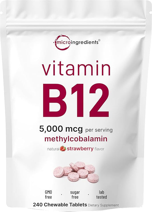 Micro Ingredients Vitamin B12 | Methyl B12 Active Form – 240 Chewable Tablets | Fast Dissolve, Natural Strawberry Flavor | Supports Energy & Metabolism Health | Vegan, Non-GMO, Gluten Free