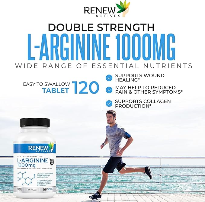 Renew Actives L-Arginine Supplement 1000MG for Serving - Strength & Endurance, Essential for Protein Synthesis & Muscle Function, Physical Performance Booster - Made in Canada - 120 Tablets