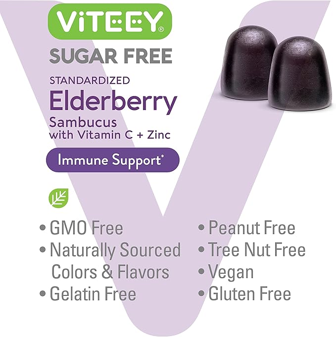VITEEY Sambucus Elderberry Gummies for Adults & Teens + Zinc & Vitamin C - Sugar Free - Immune Support & Booster Herbal Supplement - Vegan, Gluten Free, Gelatin Free, GMO Free, Chewable Berry Flavored