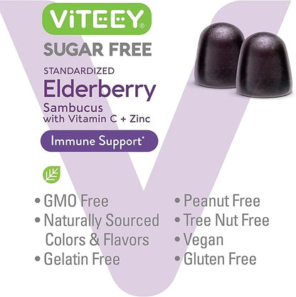 VITEEY Sambucus Elderberry Gummies for Adults & Teens + Zinc & Vitamin C - Sugar Free - Immune Support & Booster Herbal Supplement - Vegan, Gluten Free, Gelatin Free, GMO Free, Chewable Berry Flavored