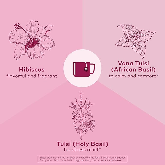 Organic India Tulsi Hibiscus Herbal Tea - Holy Basil, Stress Relieving & Gratifying, Immune Support, Adaptogen, Vegan, USDA Certified Organic, Non-GMO, Caffeine-Free - 18 Infusion Bags, 1 Pack