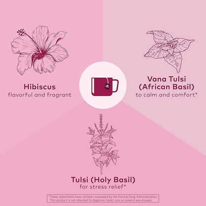 Organic India Tulsi Hibiscus Herbal Tea - Holy Basil, Stress Relieving & Gratifying, Immune Support, Adaptogen, Vegan, USDA Certified Organic, Non-GMO, Caffeine-Free - 18 Infusion Bags, 1 Pack