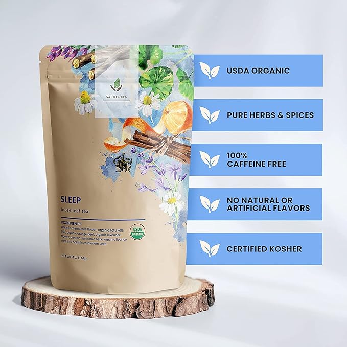 Gardenika Organic Sleep Loose Leaf Tea with Chamomile and Lavender Flowers, Herbal Caffeine Free Leaves, Ayurvedic Blend - 3 Pack