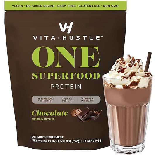 VitaHustle ONE Meal Replacement Shake - Plant Based Protein Powder by Kevin Hart - Vegan, Meal Replacement Powder with Superfoods, Vitamins, Adaptogens & Probiotics - Chocolate Flavor, 15 Servings