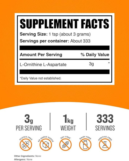 BulkSupplements.com L-Ornithine L-Aspartate Powder - Ornithine Supplement, Amino Acid Supplement - Gluten Free, 3g per Serving, 1kg (2.2 lbs) (Pack of 1)
