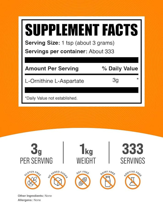BulkSupplements.com L-Ornithine L-Aspartate Powder - Ornithine Supplement, Amino Acid Supplement - Gluten Free, 3g per Serving, 1kg (2.2 lbs) (Pack of 1)