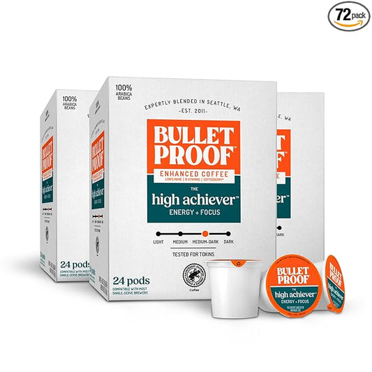 Bulletproof The High Achiever Single-Serve Pods, 72 count, Medium-Dark Roast Enhanced Coffee with Lion's Mane Mushroom, B Vitamins, and Adaptogens for Energy and Focus