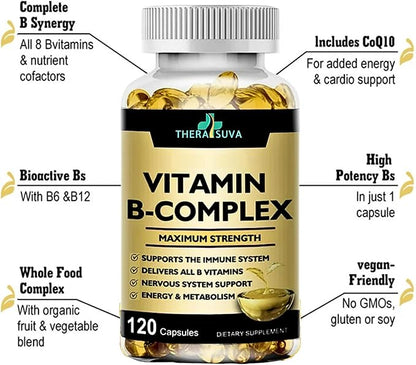Vitamin B-Complex + CoQ10 + Vitamin C - Max Strength Supplement for Energy, Metabolism Support, 120 Softgels, 60 Day Supply